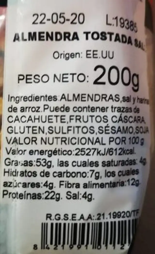 ALMENDRA TOSTADA SAL nutrition facts table