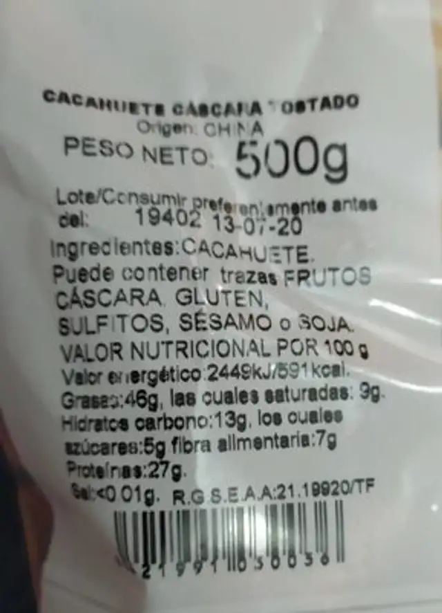 Cacahuetes nutrition facts table