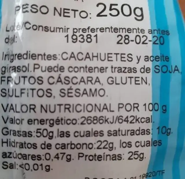 Cacahuete frito nutrition facts table