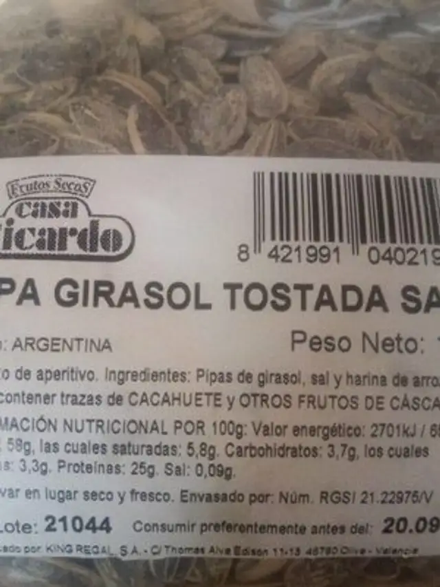 Pipa Girasol Tostada Sal nutrition facts table