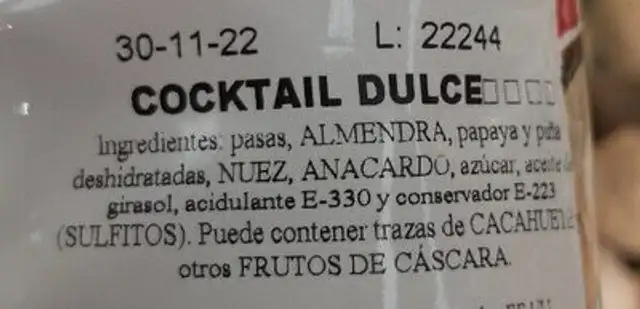Coctel frutos secos dulce ingredients label