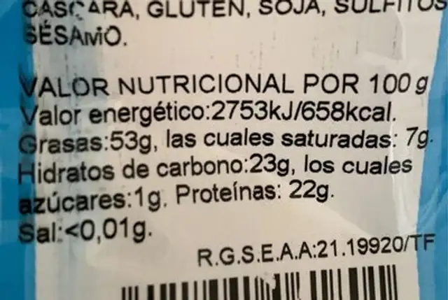 Frutos secos sin sal 100% natural nutrition facts table