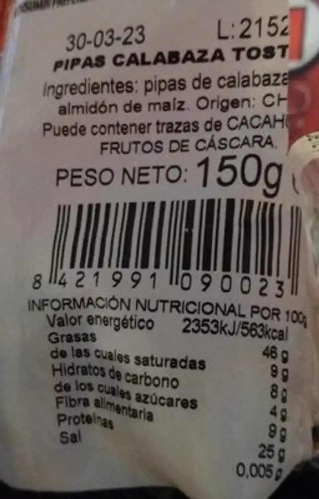 Frutos secos nutrition facts table