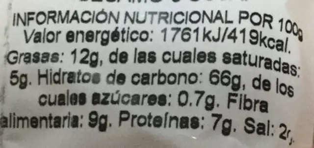 Maiz frito nutrition facts table