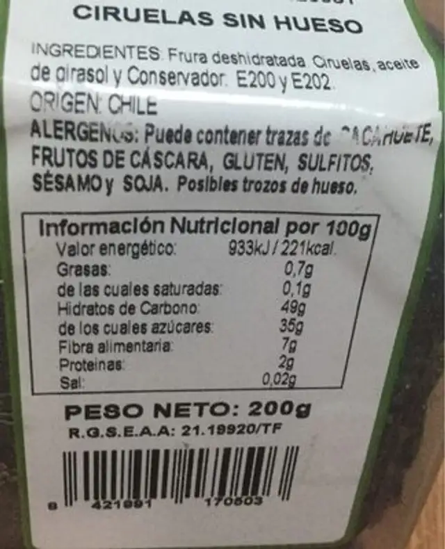 Ciruelas sin hueso nutrition facts table