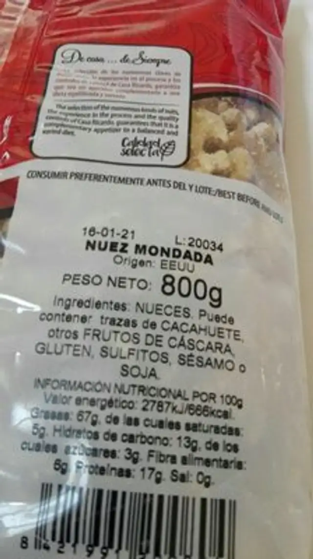 Frutos secos ingredients label
