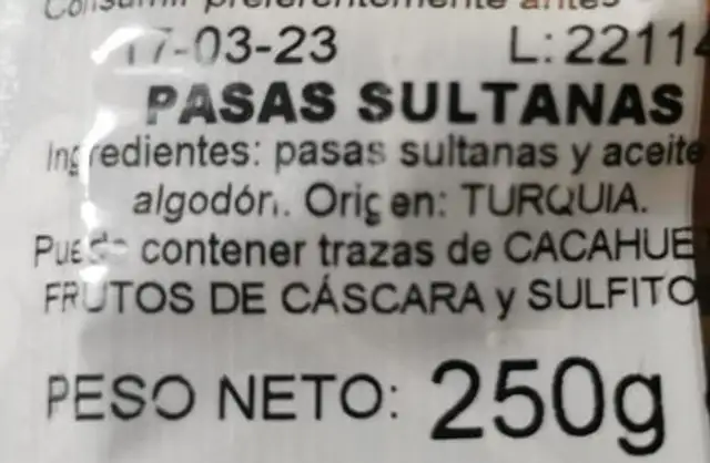 Pasas sultanas ingredients label