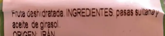 PASAS SULTANAS ingredients label