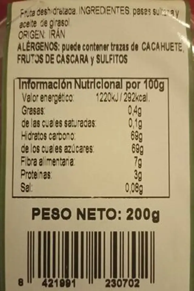 PASAS SULTANAS nutrition facts table