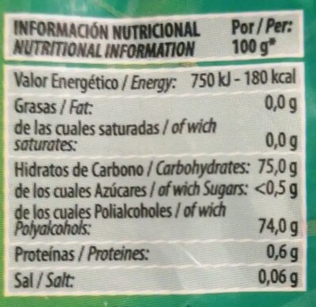 Chicles Hierba buena Sin azúcar nutrition facts table