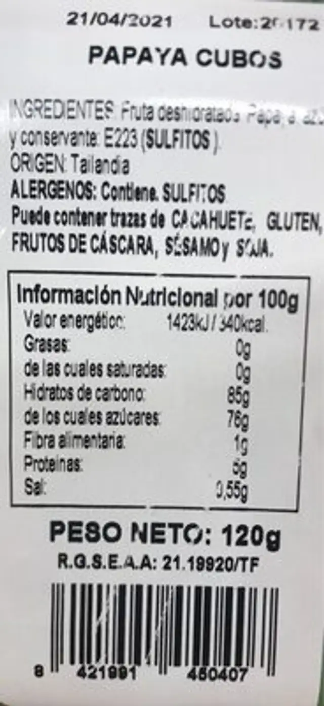 Frutos secos nutrition facts table