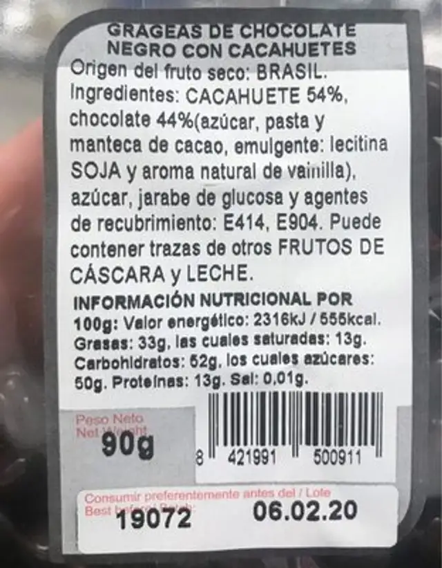 Cacahuete chocolate negro nutrition facts table