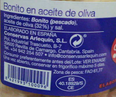 Bonito en aceite de oliva ingredients label