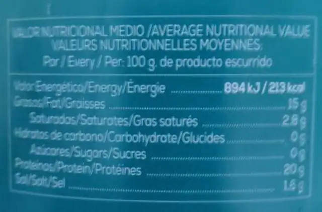 Filetes de melva nutrition facts table