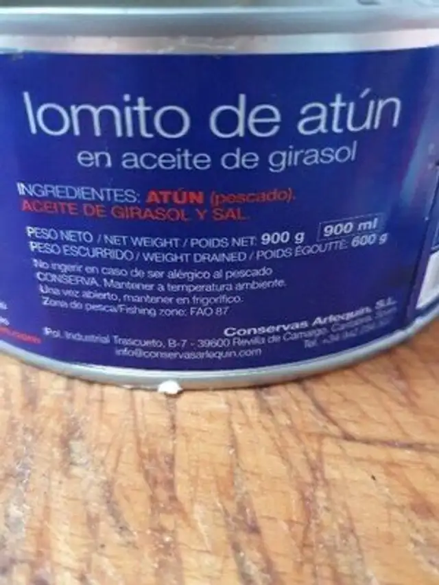 Lomitos de atún en aceite de girasol ingredients label