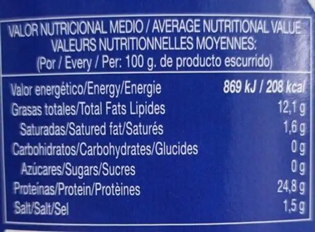 Lomitos de atún en aceite de girasol nutrition facts table