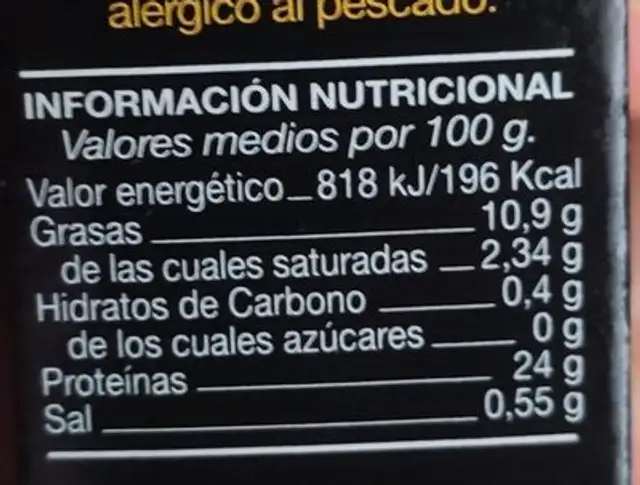 Filetes de caballa nutrition facts table
