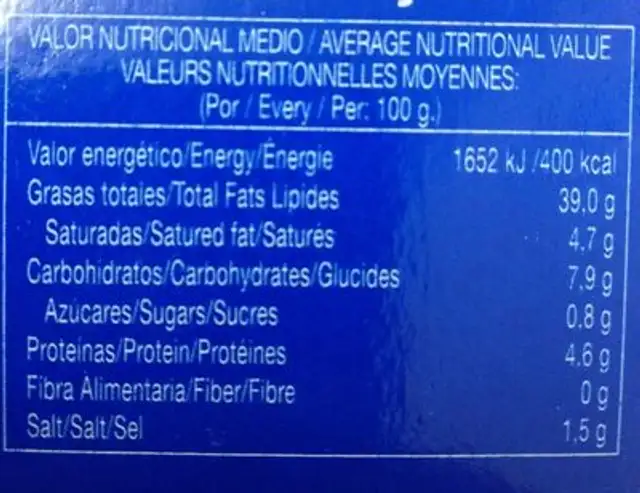 Arlequinitos nutrition facts table