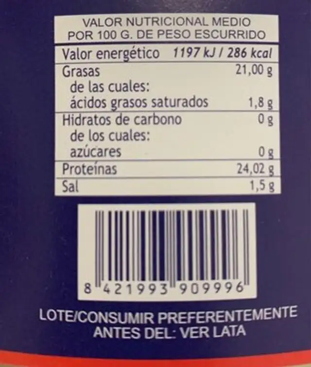 Atún claro en aceite de girasol nutrition facts table