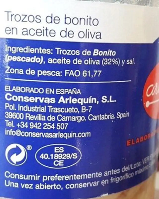Trozos de Bonito ingredients label