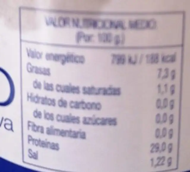 Trozos de Bonito nutrition facts table
