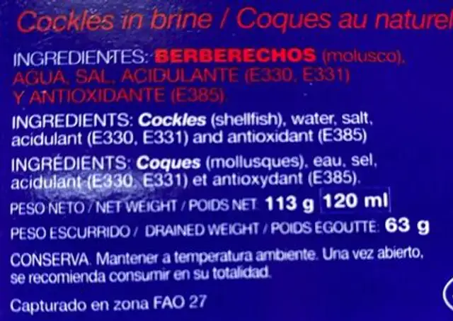 Berberechos al natural nutrition facts table