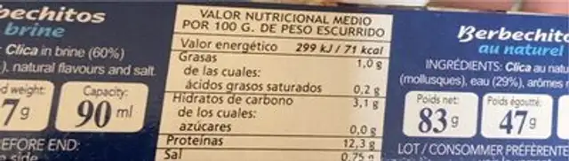 Berberechos al natural nutrition facts table