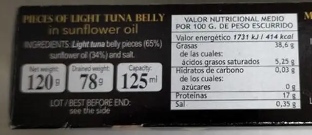 Trozos de ventresca de atún claro nutrition facts table