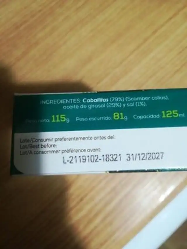 Caballitas en aceite de girasol ingredients label