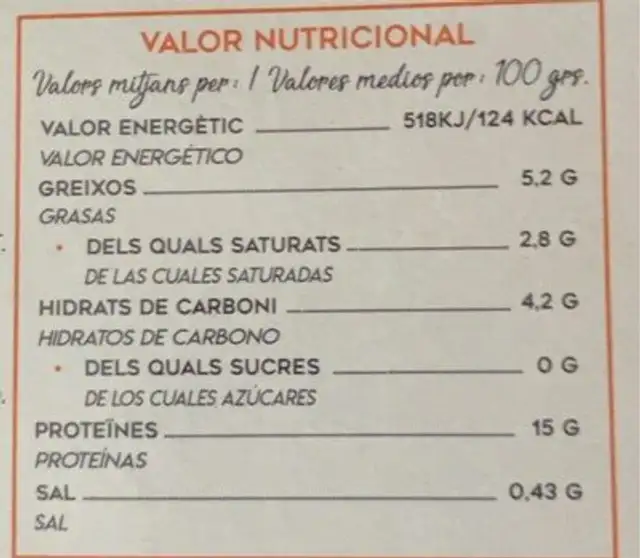 Cloïses nutrition facts table