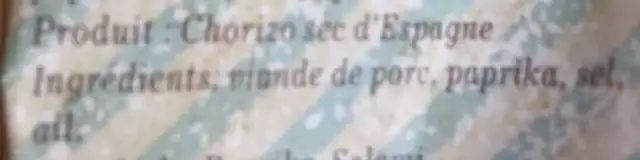 Chorizo Doux ingredients label