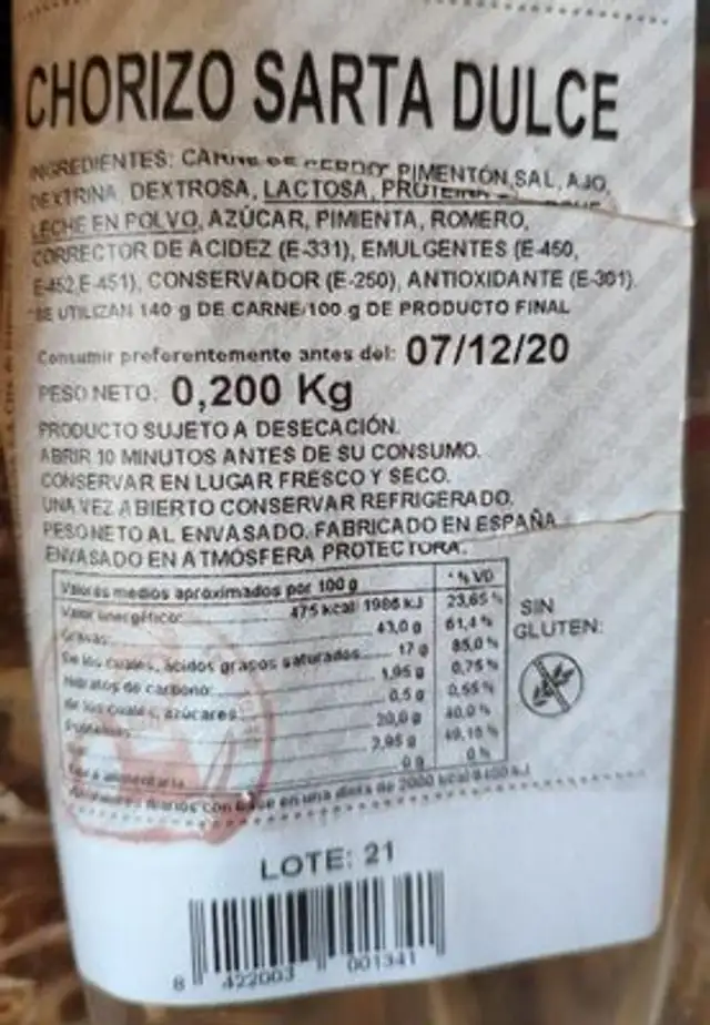 Chorizo sarta dulce nutrition facts table