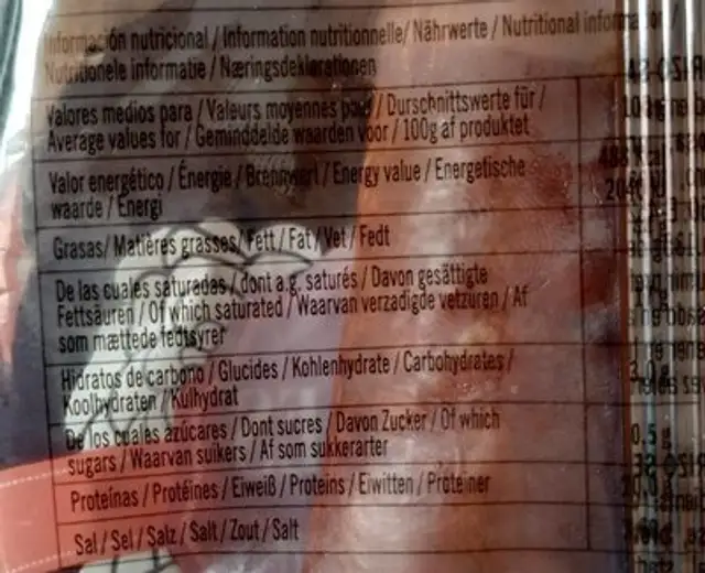 Sarta Picante 280GR La Alegria. nutrition facts table