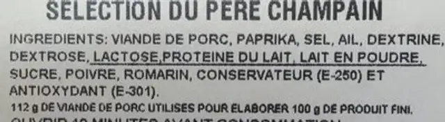 Chorizo à griller doux ingredients label