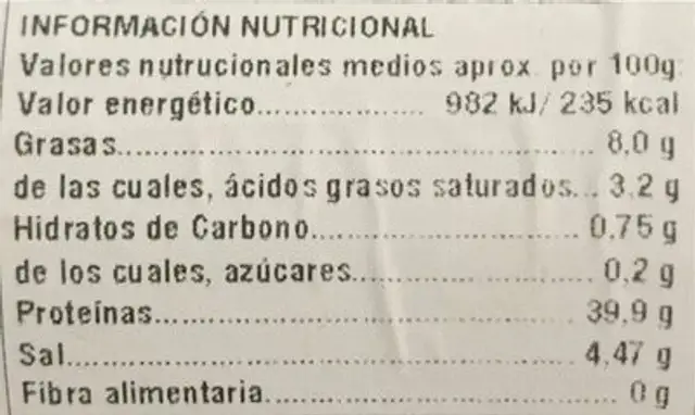 Lomo reserva Duroc nutrition facts table