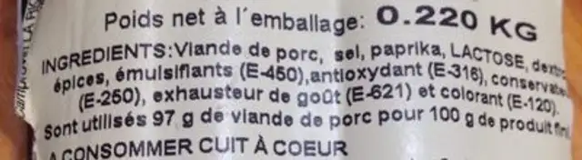 Chistorra ingredients label