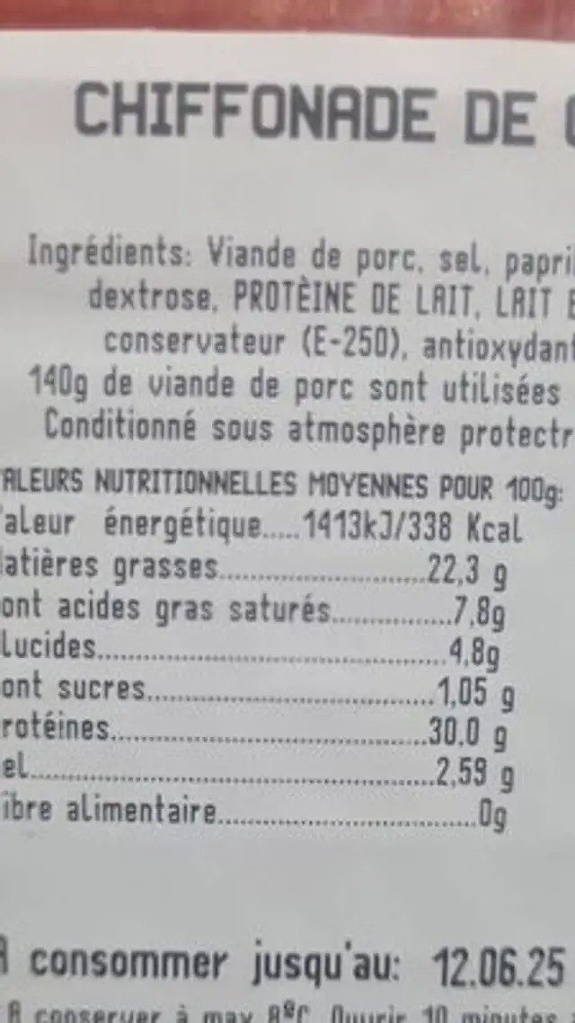 Chiffonade de chorizo extra nutrition facts table