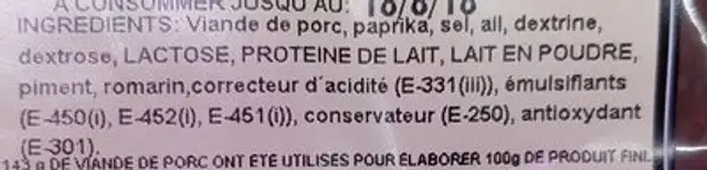 Chorizo sarth doux ingredients label