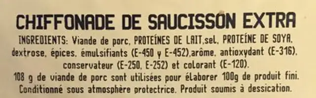 Chiffonade de saucisson extra ingredients label