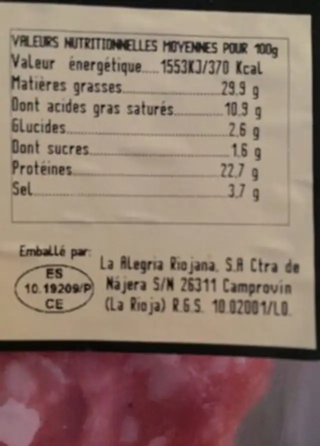 Chiffonade de saucisson extra nutrition facts table