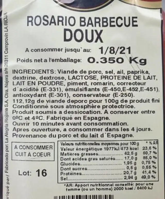 Rosario barbecue doux nutrition facts table