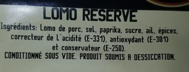 Lomo reserve ingredients label