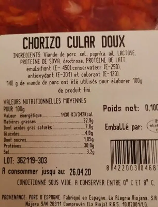Chorizo cular doux nutrition facts table