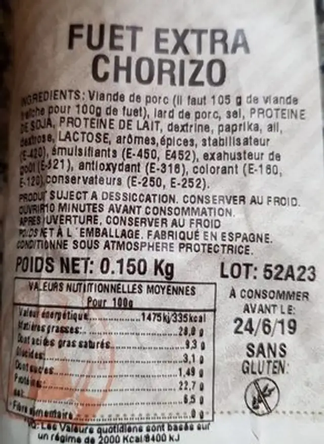 Fouet extra chorizo ingredients label
