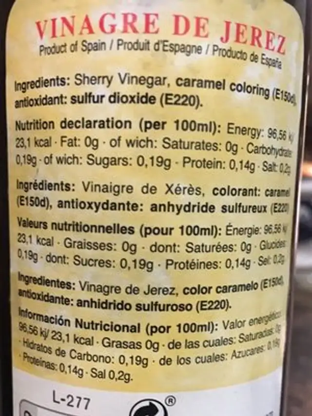 Vinaigre de Jerez ingredients label