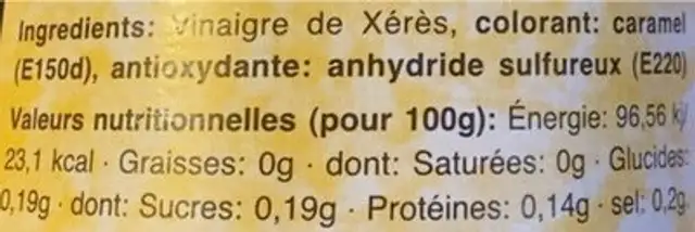 Vinaigre de Jerez nutrition facts table