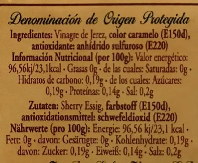 Vinagre de Jerez ingredients label
