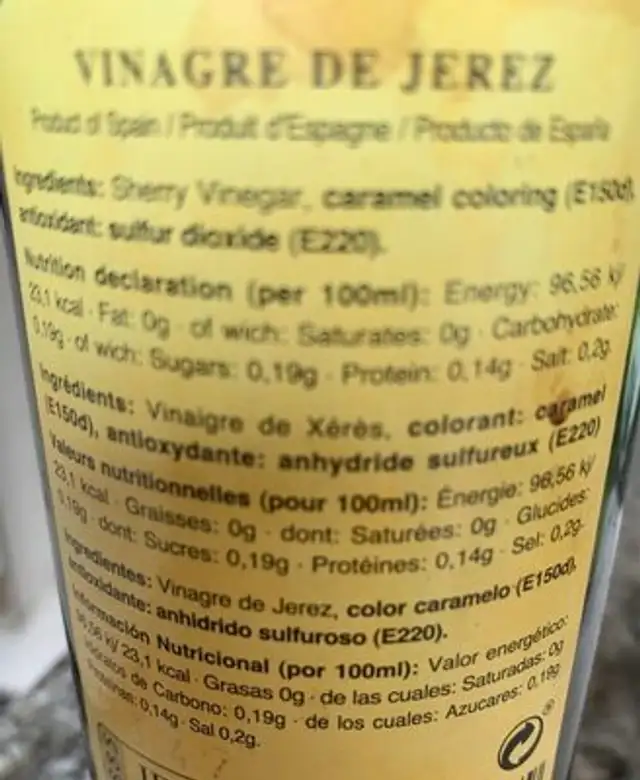 Capirete 20 vinaigre de xeres ingredients label