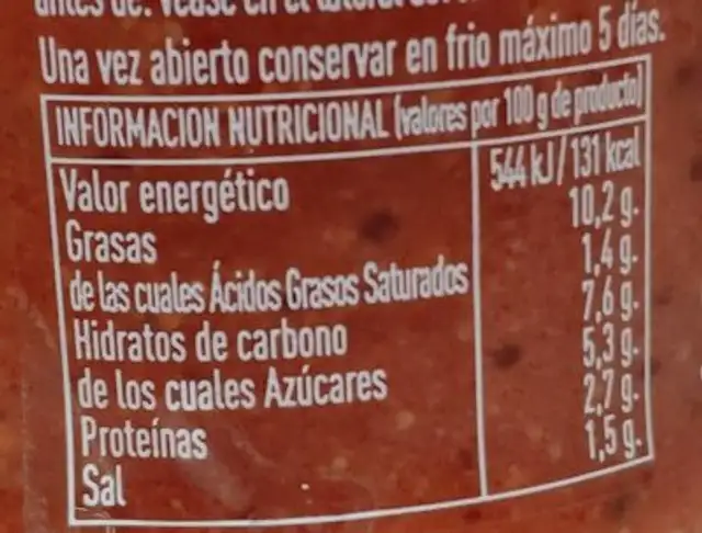 Salsa calçots picante nutrition facts table