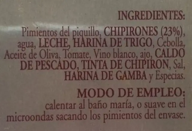 Pimentos del Piquillo - Rellenos de Chipirones ingredients label